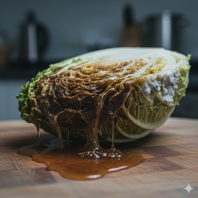 茶色くドロドロに腐敗し、粘液が流れ出ている白菜の危険な状態のクローズアップ画像