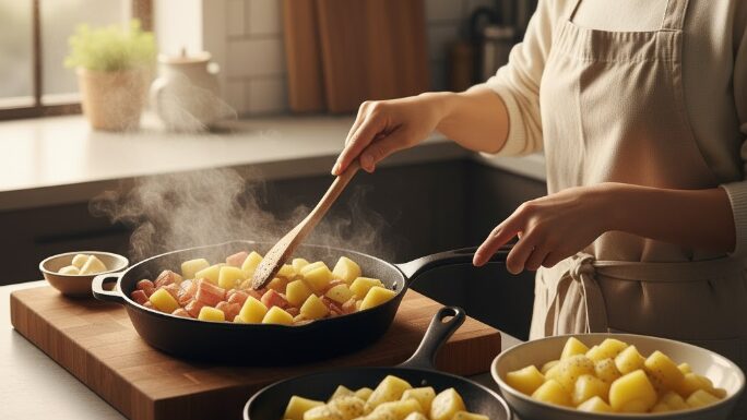 キッチンでフライパンを使い、ジャーマンポテトの具材を調理する日本人女性