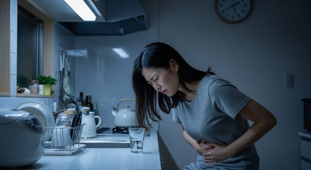 深夜のキッチンで腹痛に苦しむ若い女性。