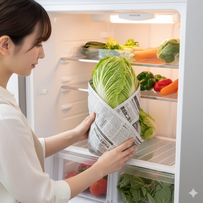 新聞紙に包んだ丸ごとの白菜を冷蔵庫の野菜室に立てて保存している日本人女性