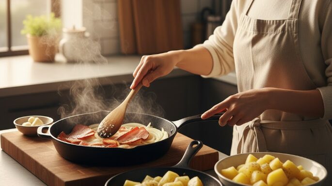 キッチンでフライパンを使い、ジャーマンポテトの具材を調理する日本人女性