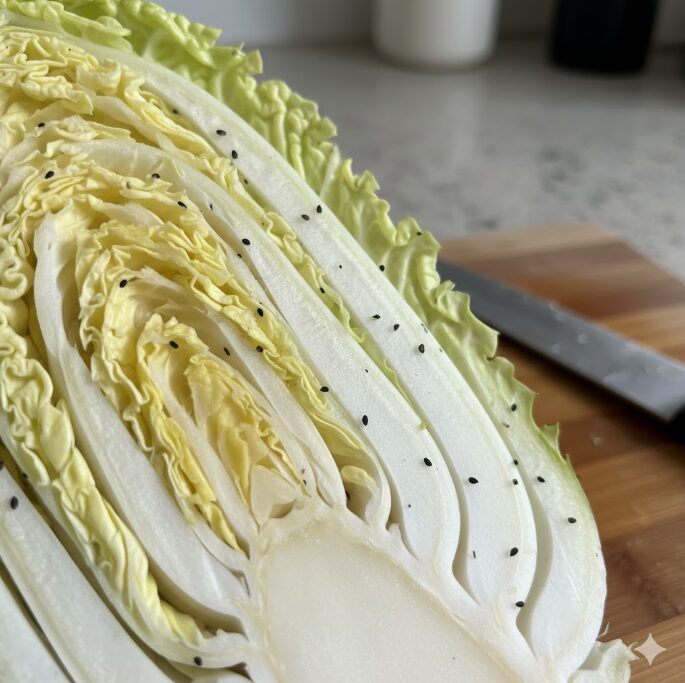 白菜の白い軸に黒いゴマのような斑点(ゴマ症)が点在しているクローズアップ画像