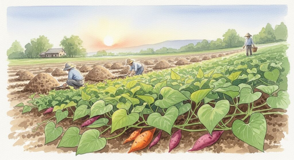 さつまいも栽培における粘土質の改良と砂の効果