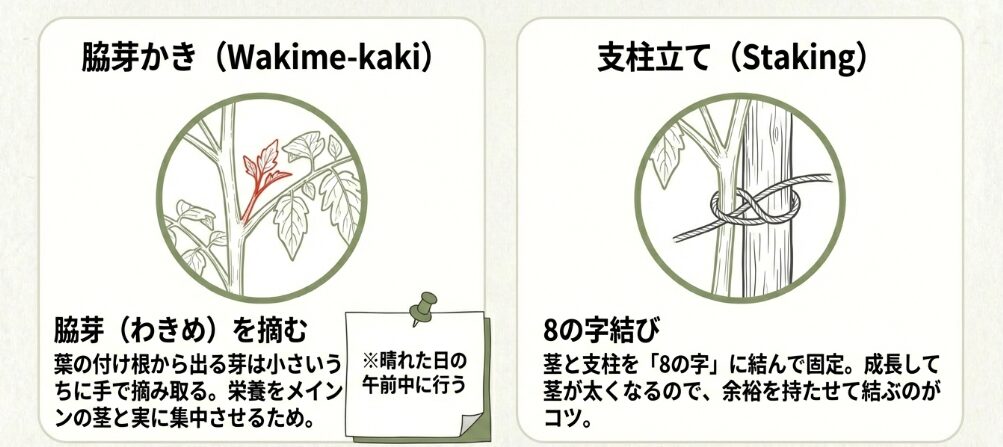 脇芽かきと支柱立てで成長をサポート