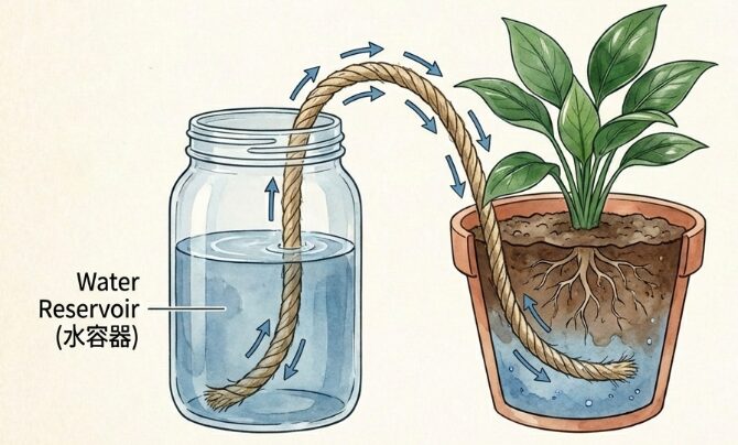 麻ひもで水を吸い上げる仕組み