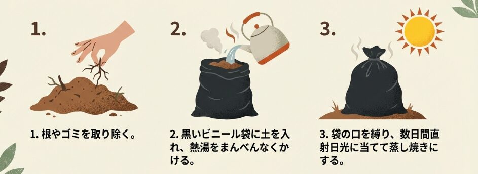 土の再利用と熱湯消毒の手順