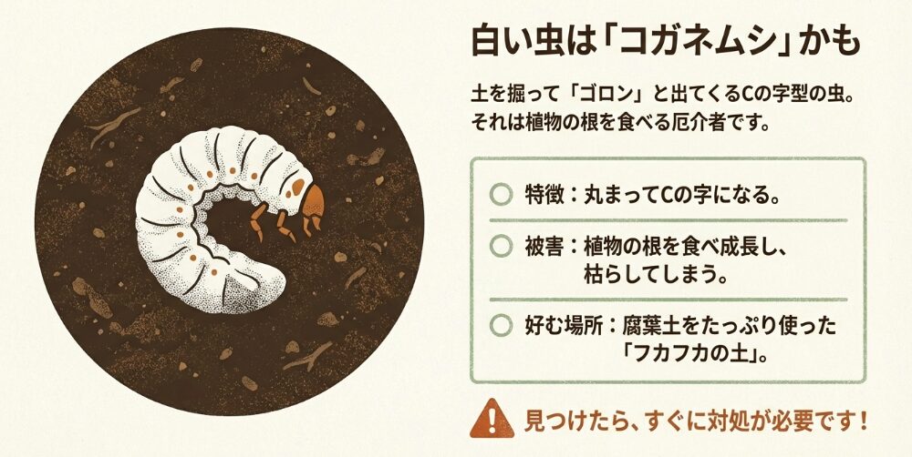 白い虫はコガネムシかも