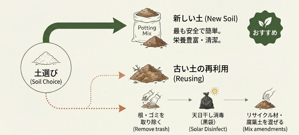 古い土の再利用と新しい土