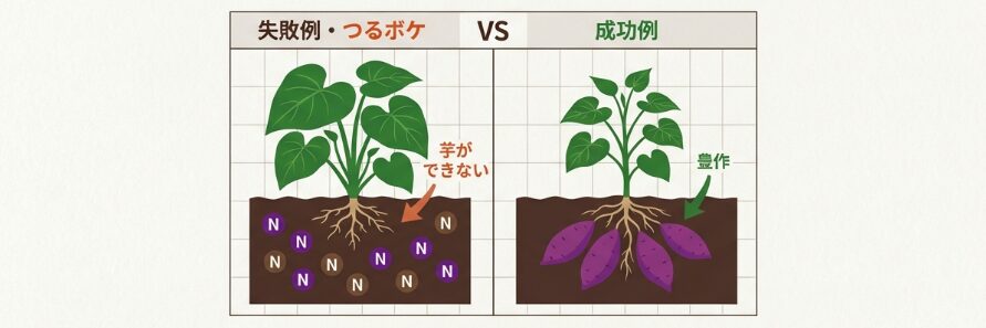 つるボケを起こして芋が収穫できない失敗の原因