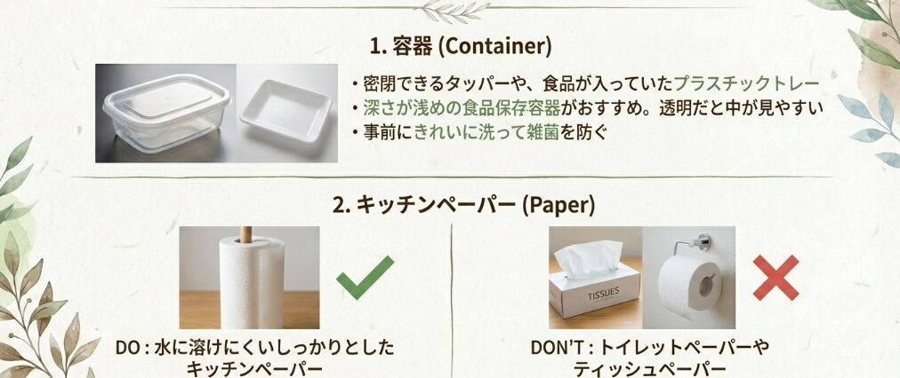 準備する容器とキッチンペーパー