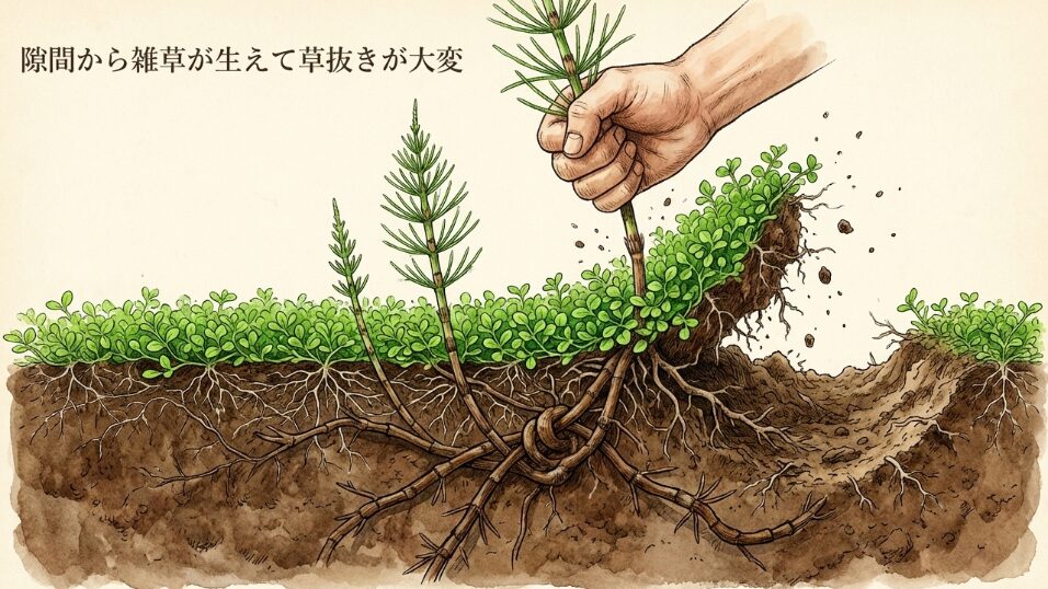 隙間から雑草が生えて草抜きが大変