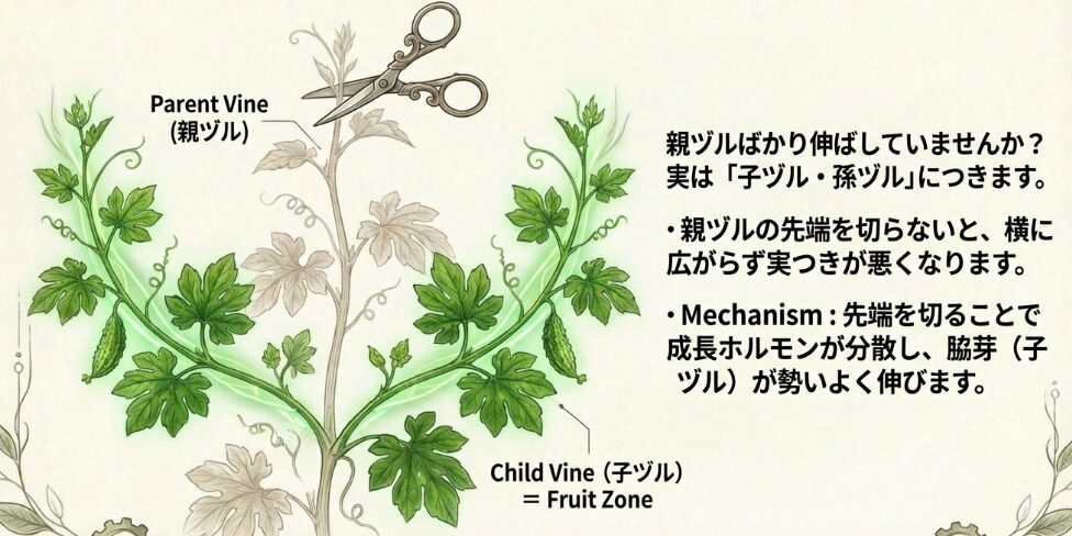 摘心をしていないためのツル伸び悩み