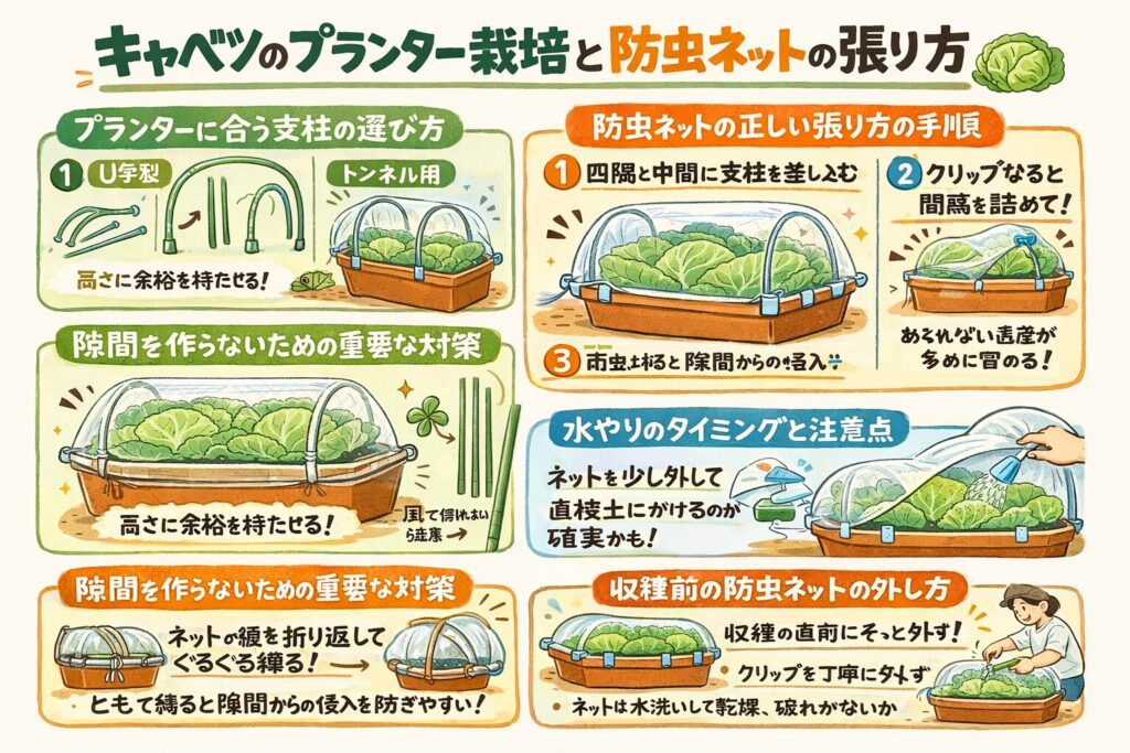 キャベツのプランター栽培と防虫ネットの張り方