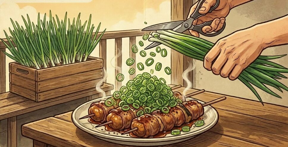 家庭菜園のネギを添えて風味をアップ
