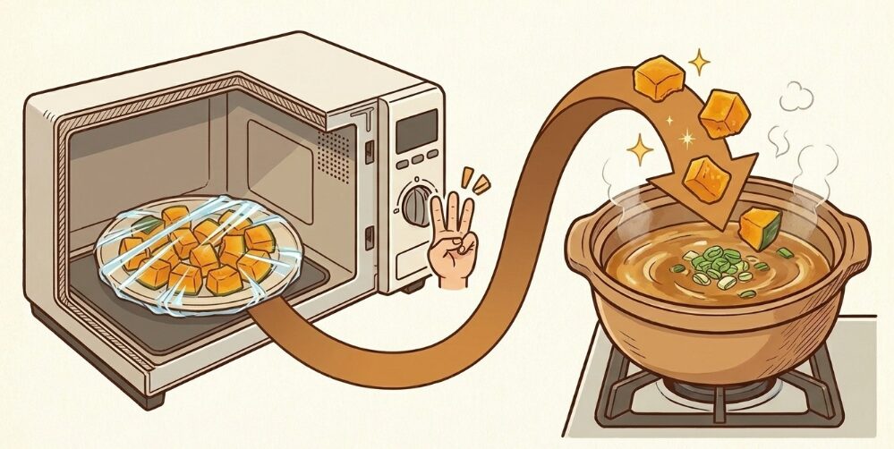 事前にレンジ加熱で煮崩れ防止