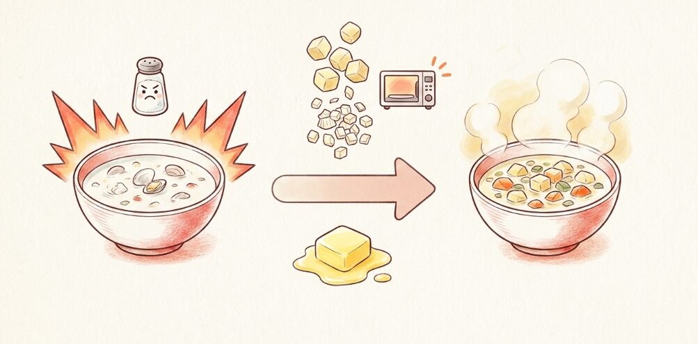 クラムチャウダーの塩気が気になる時の対処