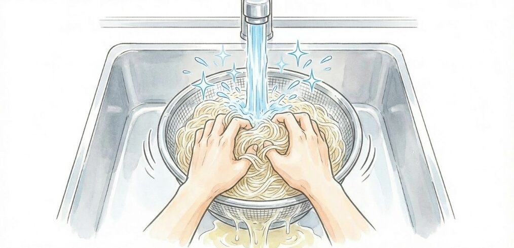 加熱後の素早い冷水での揉み洗い