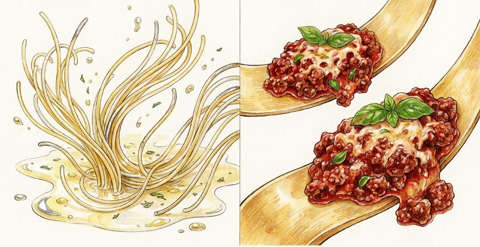 細いスパゲッティと幅広フェットチーネ