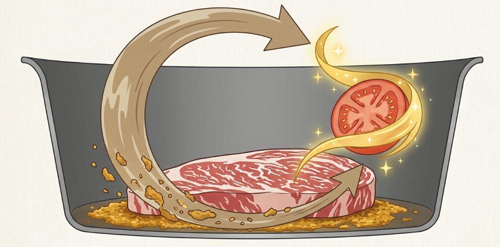 焼いた牛肉の旨味と絡める