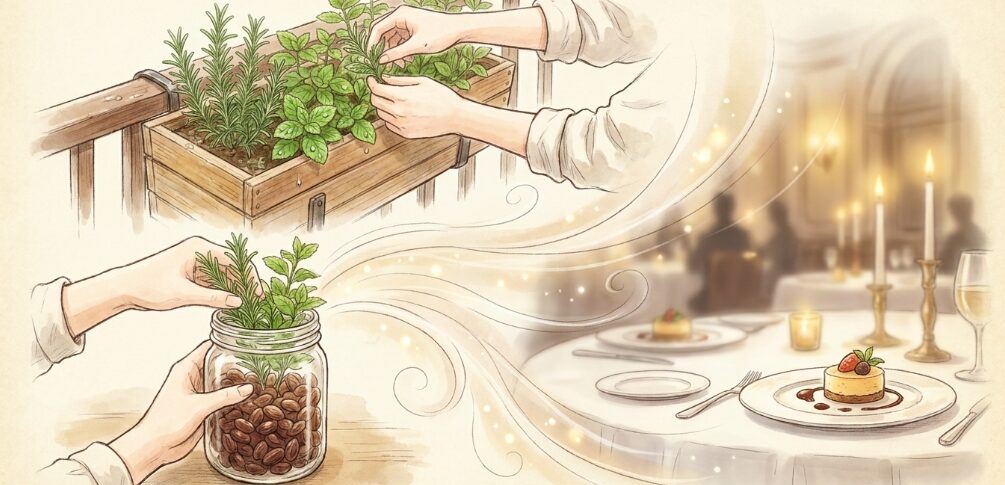 家庭菜園のハーブで香り付け