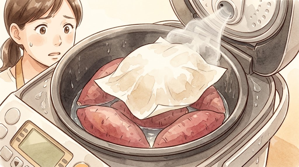 クッキングシートが蒸気で浮き上がり、炊飯器の蒸気口を塞いでいる様子を描いた、水彩画風のイラスト。