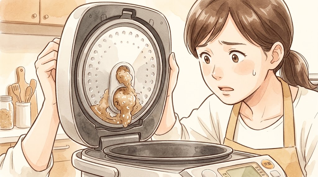 炊飯器の蒸気口がデンプンの泡で完全に塞がれている、水彩画風のイラスト。