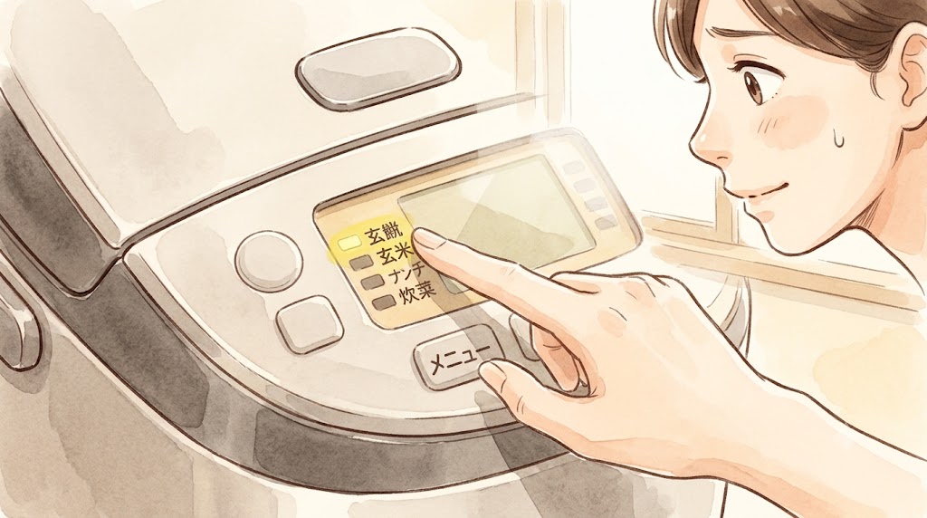 炊飯器の操作パネルで、手首に負担をかけず「玄米モード」を選択している様子を描いた、水彩画風のイラスト。