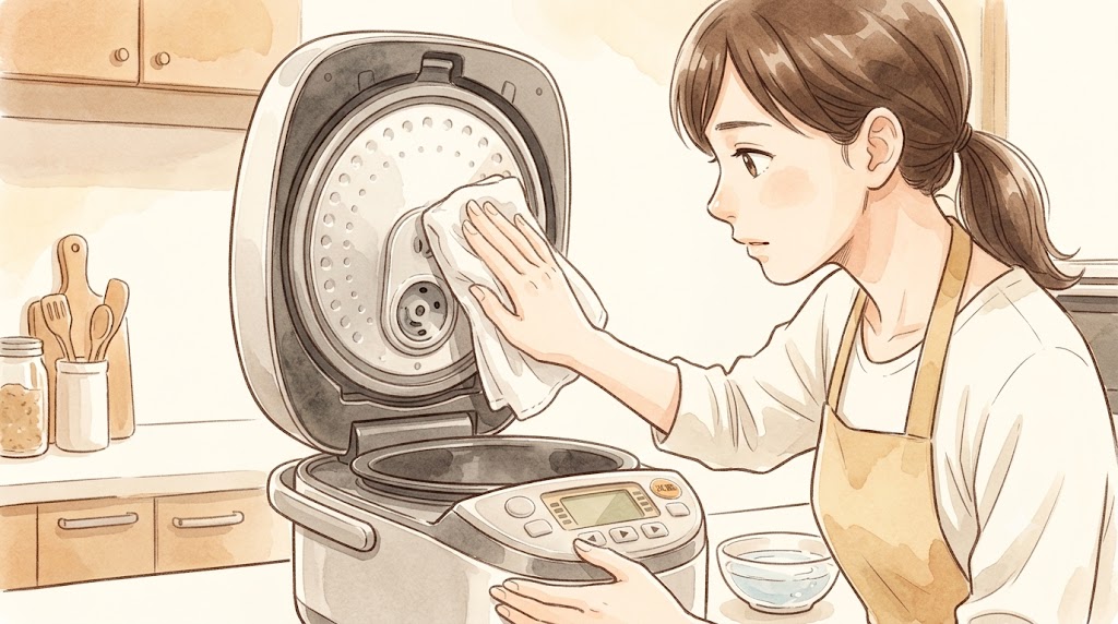 炊飯器の内蓋を外し、柔らかい布で圧力弁の周りを丁寧に拭いている、水彩画風のイラスト。